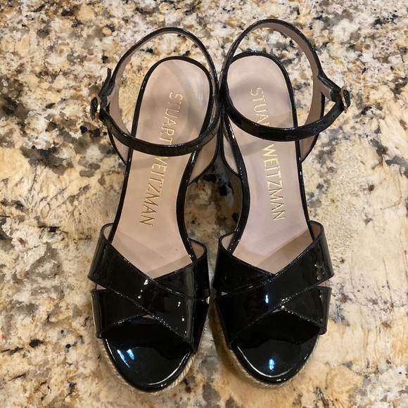 Stuart Weitzman Rosemarie Patent Leather Platform Espadrille Wedge Sandals